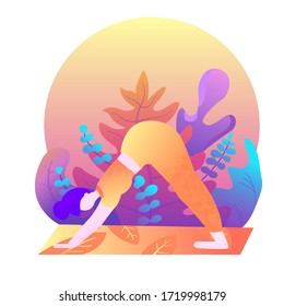 A girl with blue hair in an orange suit does yoga. Downward-Facing Dog pose