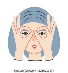 girl with blue hair shows ok with hands and looks through fingers, portrait, illustration, flat
