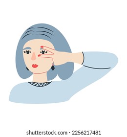 girl with blue hair shows two fingers and looks through them, portrait, illustration, flat