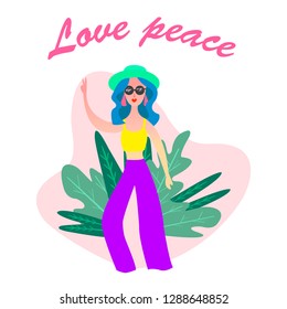 Girl with blue hair in the style of the 80s, hippie, peace sign, on a background of purple grass. Vector illustration