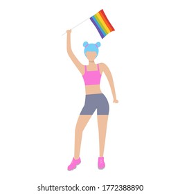 Girl with blue hair taking part in pride parade. Pride Month.  Women demonstration for LGBT rights. Activist . Colorful vector illustration in flat style. Isolated on white background.