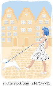 Girl with blue hair walking with a white dog along the street of the old town
