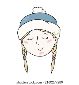 Girl in a blue hat. Soft winter hat with pompom and fur. Child in winter. Vector illustration.