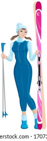 Girl in blue holding a skiing. Illustration in vector format