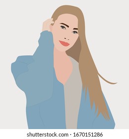 Girl in blue jacket, illustration, vector on white background.