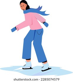 a girl in blue jeans in a pink sweater and with a blue scarf skates