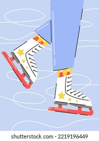 Girl in blue jeans skates on the ice rink. Hand drawn vector illustration in modern flat style. Stylish winter design.