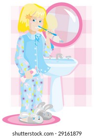 Girl in blue pyjamas cleans teeth