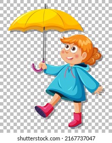 A girl in blue raincoat with umbrell grid background illustration