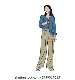 girl in blue shirt, cream pants, carrying a drink on a white background. vector illustration