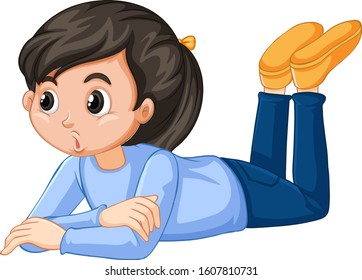 Girl in blue shirt laying down on white background illustration