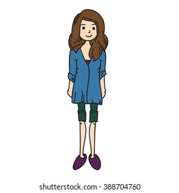 Girl in blue shirt and shorts vector illustration. Woman brunette.