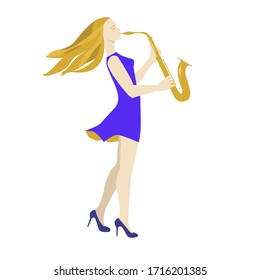 A girl in a blue short dress plays the saxophone. Long hair fluttering. Vector illustration. Isolated on a white background.