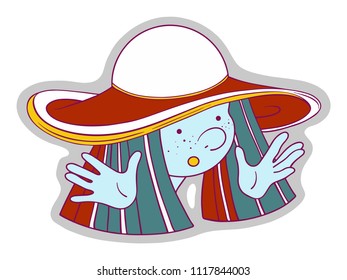 Girl with blue skin and hat is surprised. Vector flat modern illustration