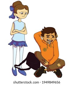 A girl in a blue skirt and a blue sleeveless blouse stands with her arms crossed over her chest. Nearby, a lifeless boy in brown pants and an orange sweatshirt sits in Turkish. There is a school bag n