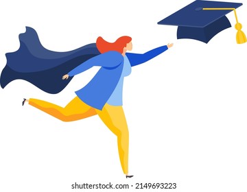 Girl in a blue student raincoat runs up to the university cap. Education is more important than money. Flat vector illustration.