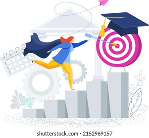 Girl in a blue student raincoat runs up the stairs to the goal. Education is more important than money. Flat vector illustration.