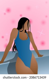 Girl in a blue swimsuit on a pink background.