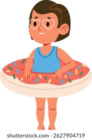 A girl in a blue swimsuit sits in a donut-shaped swim ring.  A young child enjoys a summer day afloat on an inflatable life preserver. Cartoon vector illustration