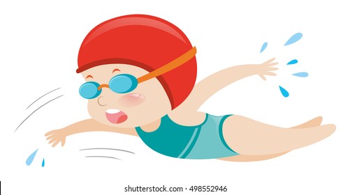 Girl in blue swimsuit swimming illustration