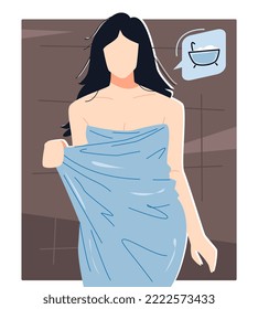 Girl In Blue Towel. Bathtub Icon. The Concept Of Bathing, Hygiene, Health, Beauty, Etc. Flat Vector Illustration