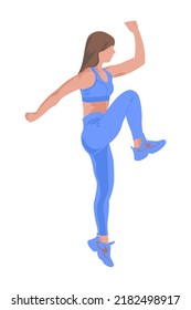 girl in a blue tracksuit jumping in a faceless style on a white background