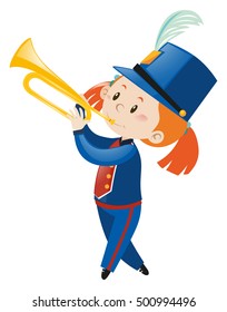 Girl in blue uniform playing trumpet illustration