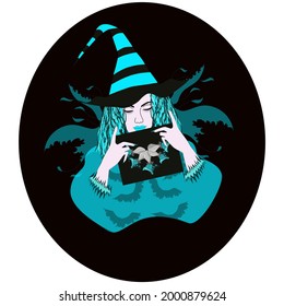 A girl with blue wavy hair in a blue blouse and a stripped witch hat sits against the background of a dark portal and holds a tablet decorated with fly agarics. Isolated vector illustration in fantasy