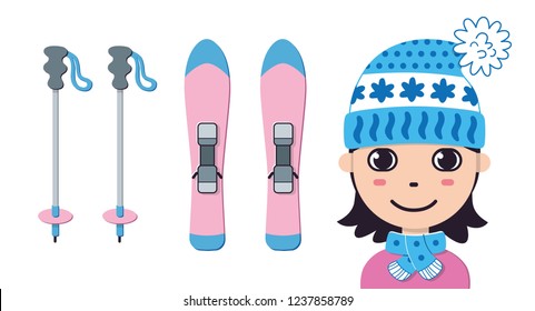 Girl in blue winter knitted hat with pink skis and poles isolated