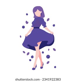 Niña con ilustración plana vectorial del arándano azul. Chica con un vestido violeta, pelo púrpura. Ilustración plana colorida. Ilustraciones de arándanos. Carácter vectorial de chica de fruta.