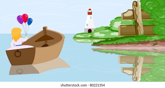 The girl in the boat with the balloons in the middle of the lake on the background of the lighthouse and the green vegetation