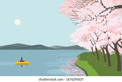 Girl in boat on lake enjoy springtime Cherry blossoms flat vector poster. Sakura blossoming at river water landscape cartoon illustration. Beautiful nature outdoor spring season event banner template