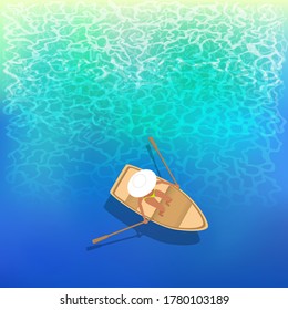 Girl in a boat on the ocean with water pattern.  Boat top view and clear water with Ripple . Vacation and travel water concept. 