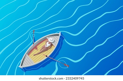 Girl in a boat on the waves. Vector illustration of a boat with a girl and oars on the waves. Sketch for creativity.
