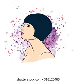 The girl with a bob haircut on watercolor background. Stock vector. 