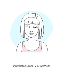 Girl with bob hairstyle and bangs winking, portrait of happy young woman vector illustration