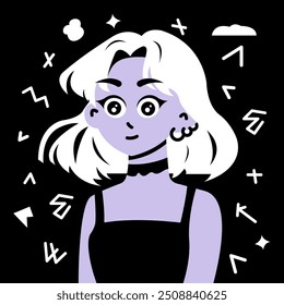 girl with a bob on a hand-drawn tabletop illustration in the Y2K style