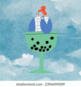 Girl in Boba Glass retro cartoon stickers with funny comic characters, gloved hands. Contemporary illustration with cute comic book characters. Doodle Comic characters. Contemporary cartoon style set.