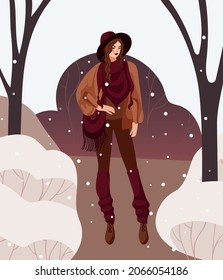 A girl in boho outfit walks in a winter park. Bright vector illustration, warm earthy colors. Hat, snowfall, fringe, portrait, naturalness. For posters, postcards, banners, clothing, design elements.