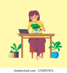 Girl with bonsai tree on the desk 