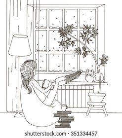 A Girl With A Book Bag Sitting In A Chair And Looking Out The Window, The Window Is Snow On The Windowsill Sleeping Cat.