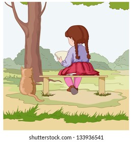 Girl with a book and cat