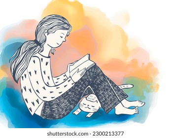 A girl with a book and a cat on a watercolor background. Vector illustration.