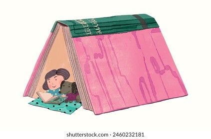 Girl and book and dog. children and education concept. watercolor cartoon.