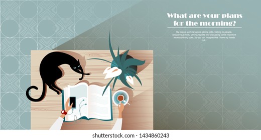 Girl with a book drinks morning coffee. Top view vector mockup for a layout landing page or design advertising leaflet.