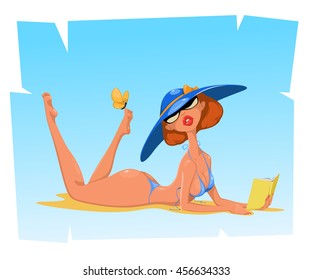 Girl with a book in hand. Summer holiday.  Vector Illustration. Young woman sunbathes in bathing suit
