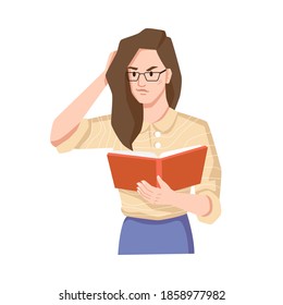 Girl with book in hands isolated brunette in glasses angry with what she read. Vector caucasian woman irritated or annoyed from learned in textbook, sad facial expression, flat cartoon character