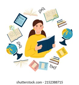 Girl with a book in her hands. globe, books, notebooks, glasses, tablet around the girl. Education and training. Vector illustration.