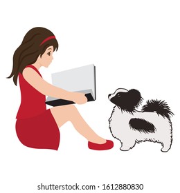 girl with book and little dog, vector