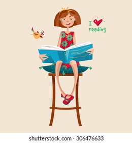 Girl With A Book. I Love Reading. Literacy Day. Vector Illustration